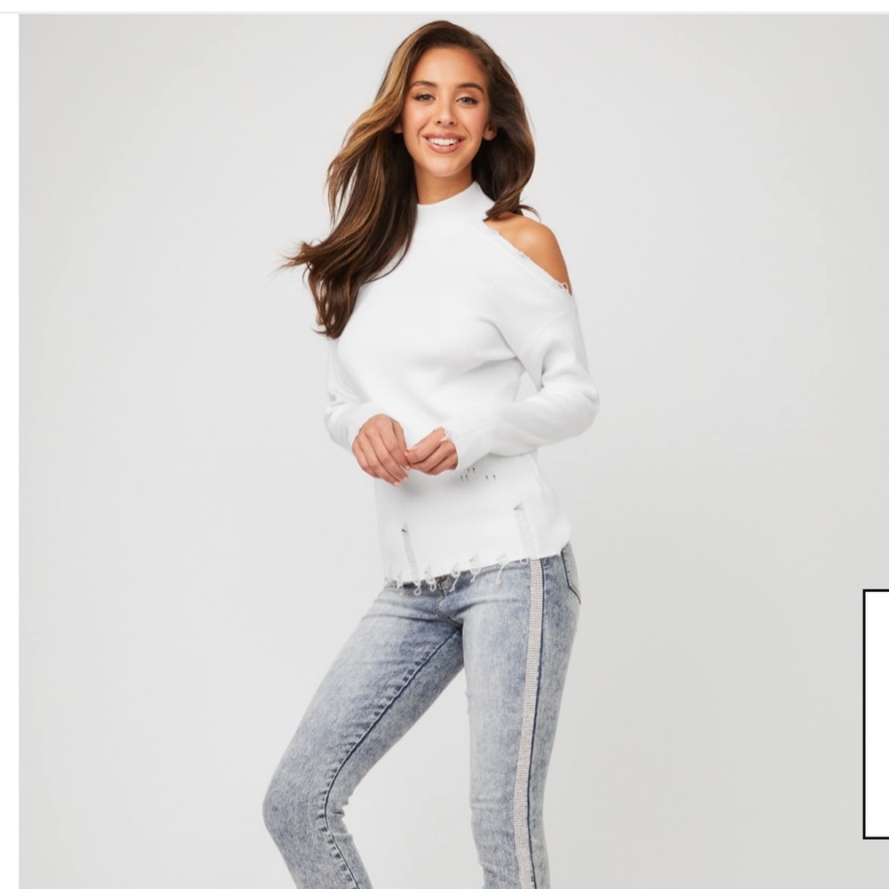 Guess Caprice Cold Shoulder Distressed Top, White Cold Shoulder Sweater
